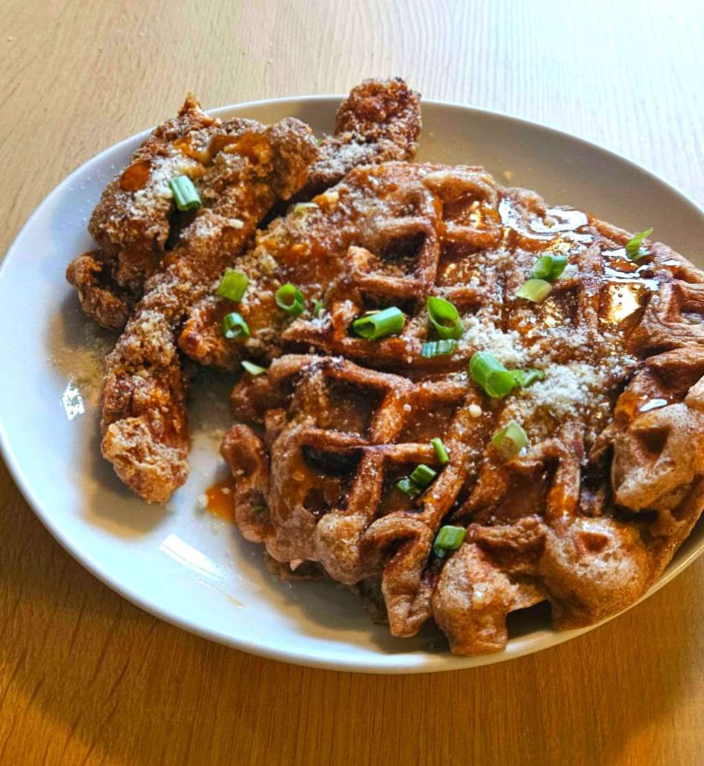 Chicken and waffles more suited to a dinner kind of meal. This recipe uses pearl millings (formerly known as aunt jemima) waffle batter, but adds a lot of flavor and aspects to it.