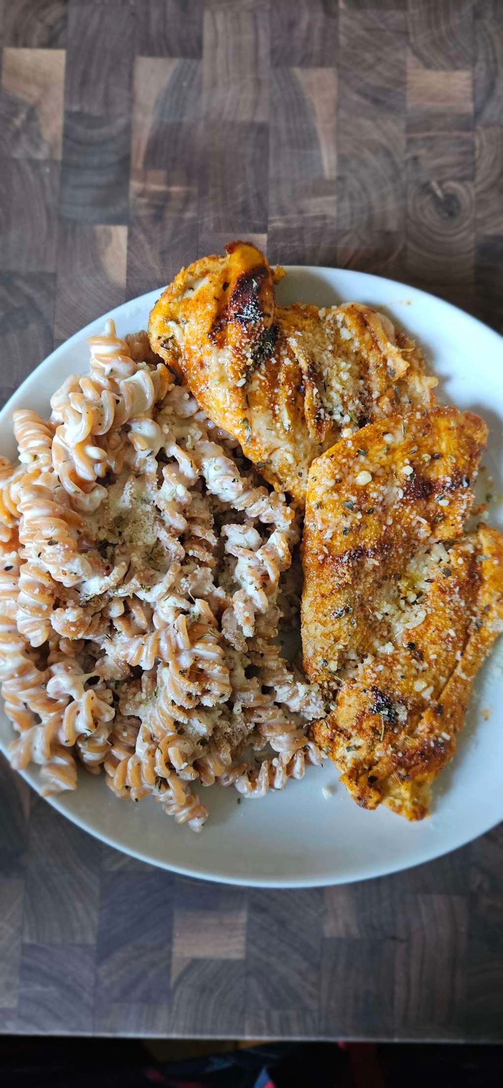 Image of blackened chicken alfredo with using protein pasta as noodles. This dish alone had 90-110 grams of protein