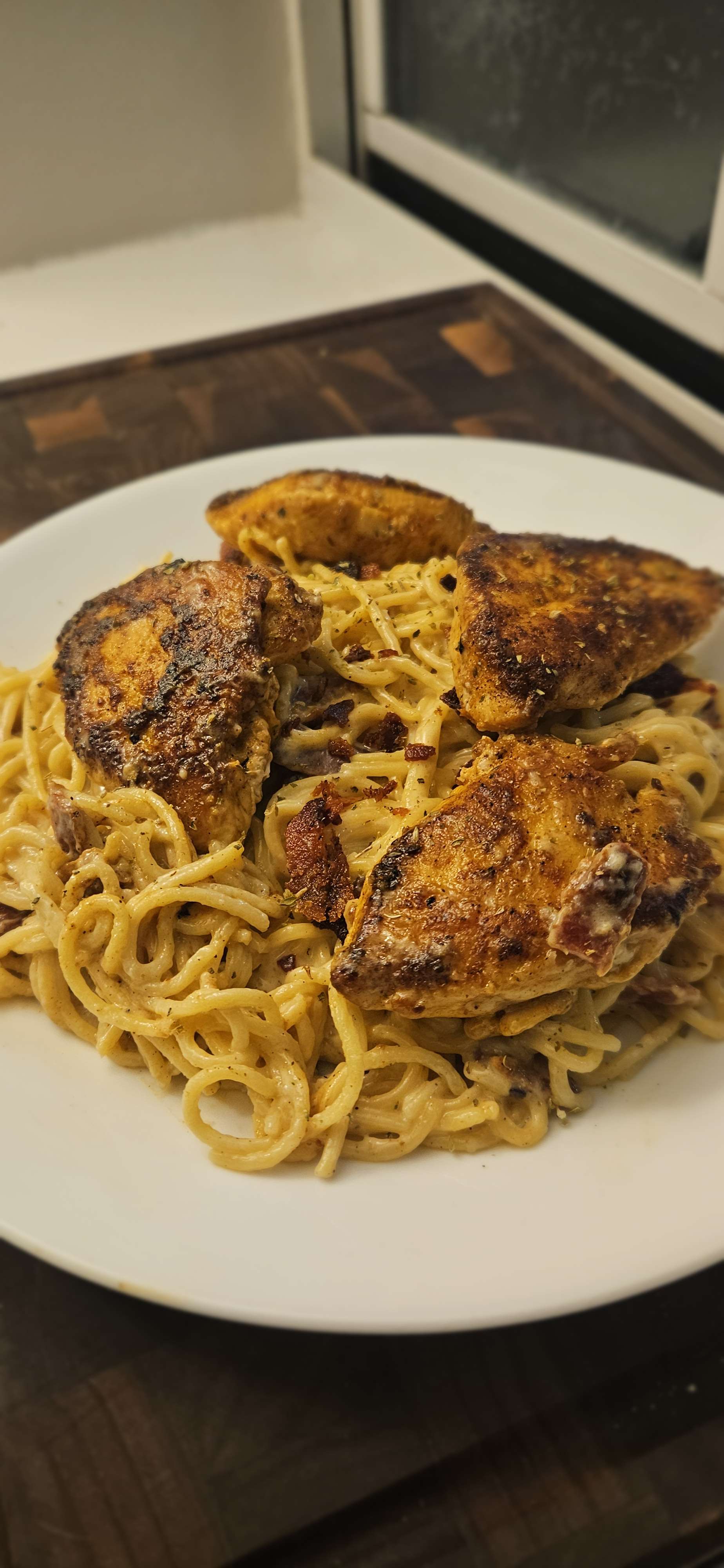 Lazy Man’s Blackened Chicken Carbonara